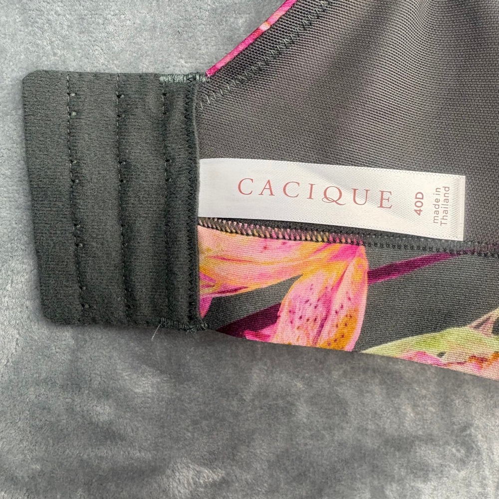 Cacique Womens 40D No-Wire Unlined Plunge Bra Floral Pink Gray Keyhole Cutout - Picture 10 of 12